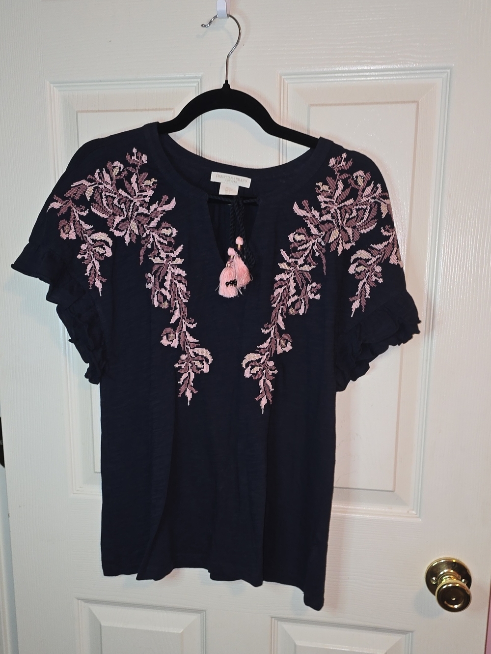 Christian Siriano Navy Short-Sleeve Tee with Pink Floral Embroidery